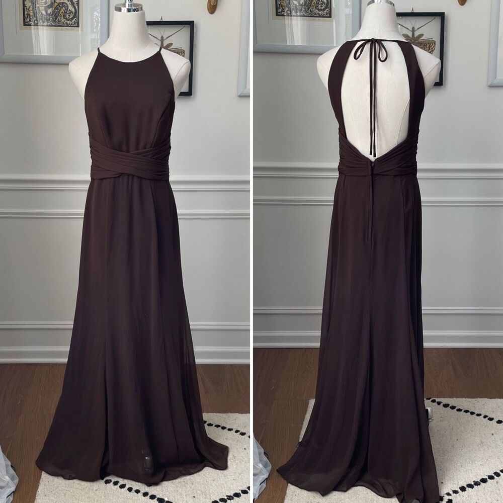 Wtoo Chocolate Brown Formal Gown Bridesmaid Dress Open Back Halter 6